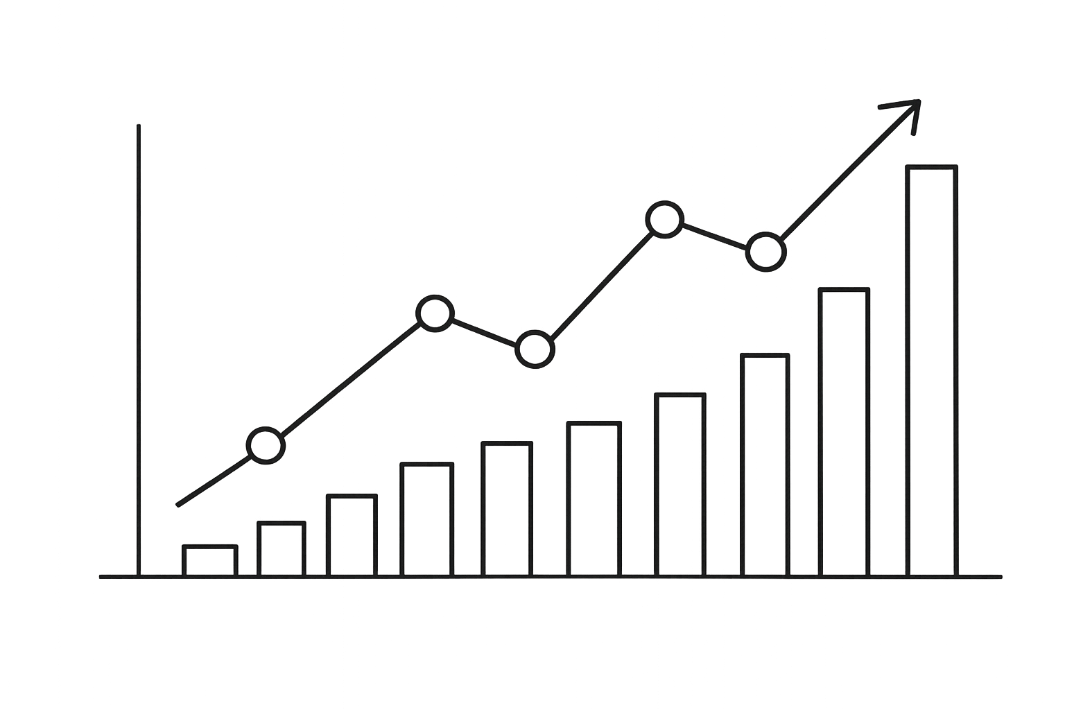 Line-art illustration of financial performance charts and metrics